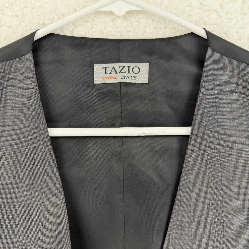 Tazio Suit Vest Mens 46R Gray Check 5 Button‎ Extra Slim Fit 3 Piece Formal